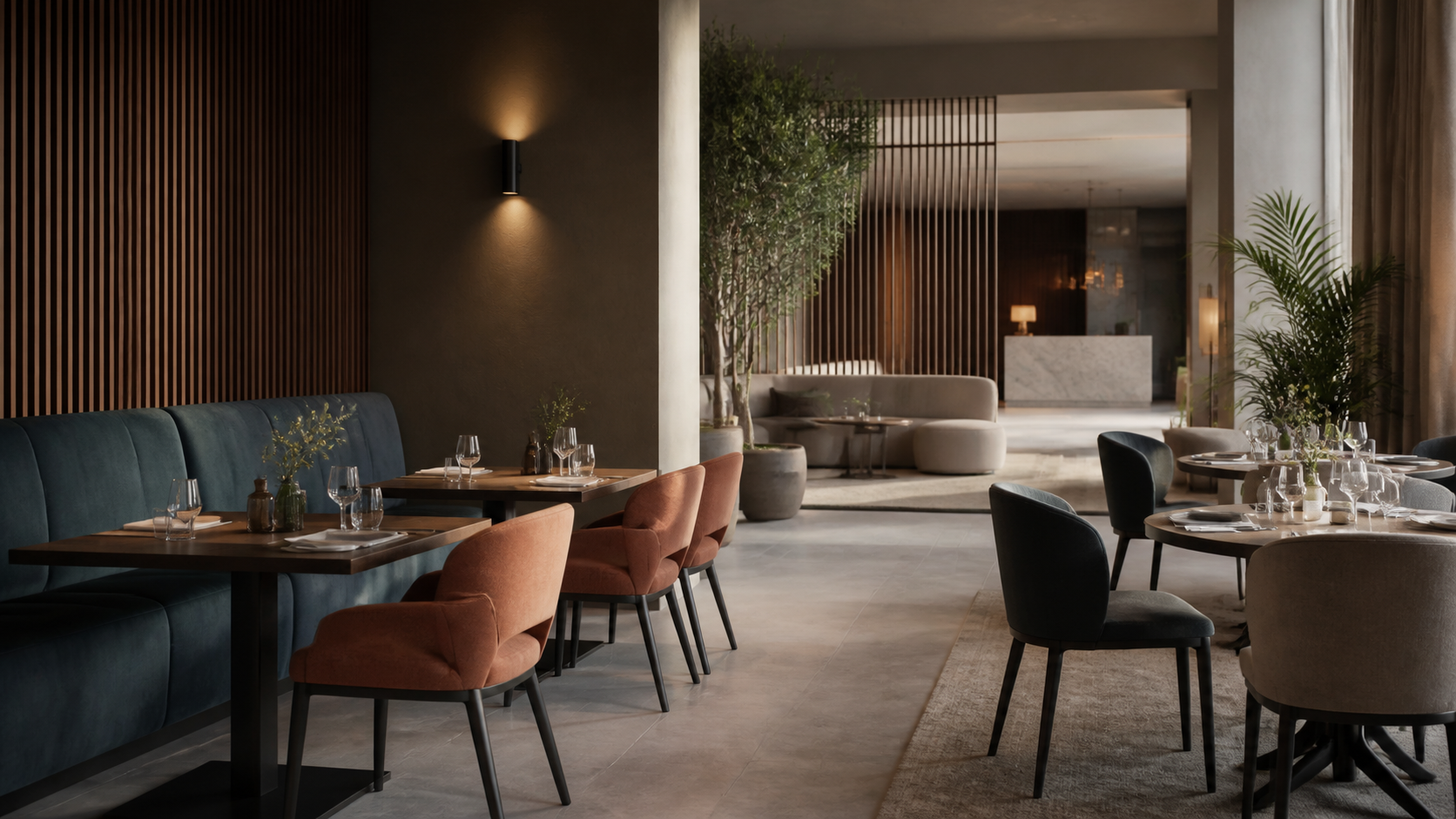 Sala ristorante e lobby di hotel arredate con soluzioni contract per il settore hospitality