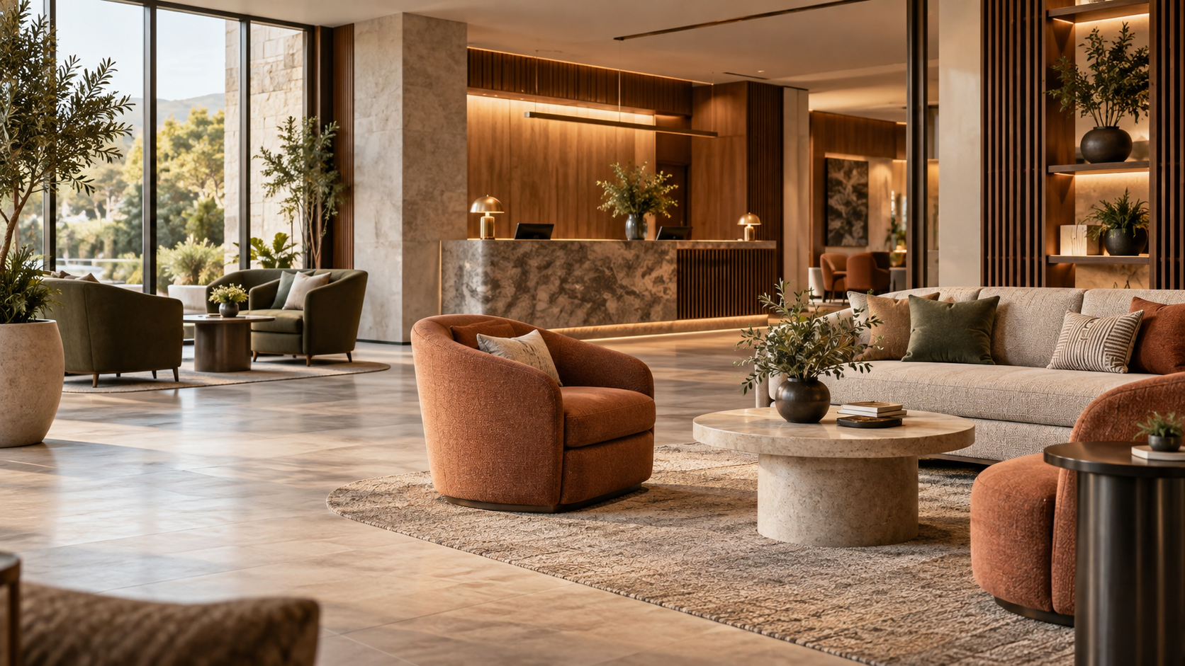 Lounge di hotel con divani, poltrone e tavolini coordinati